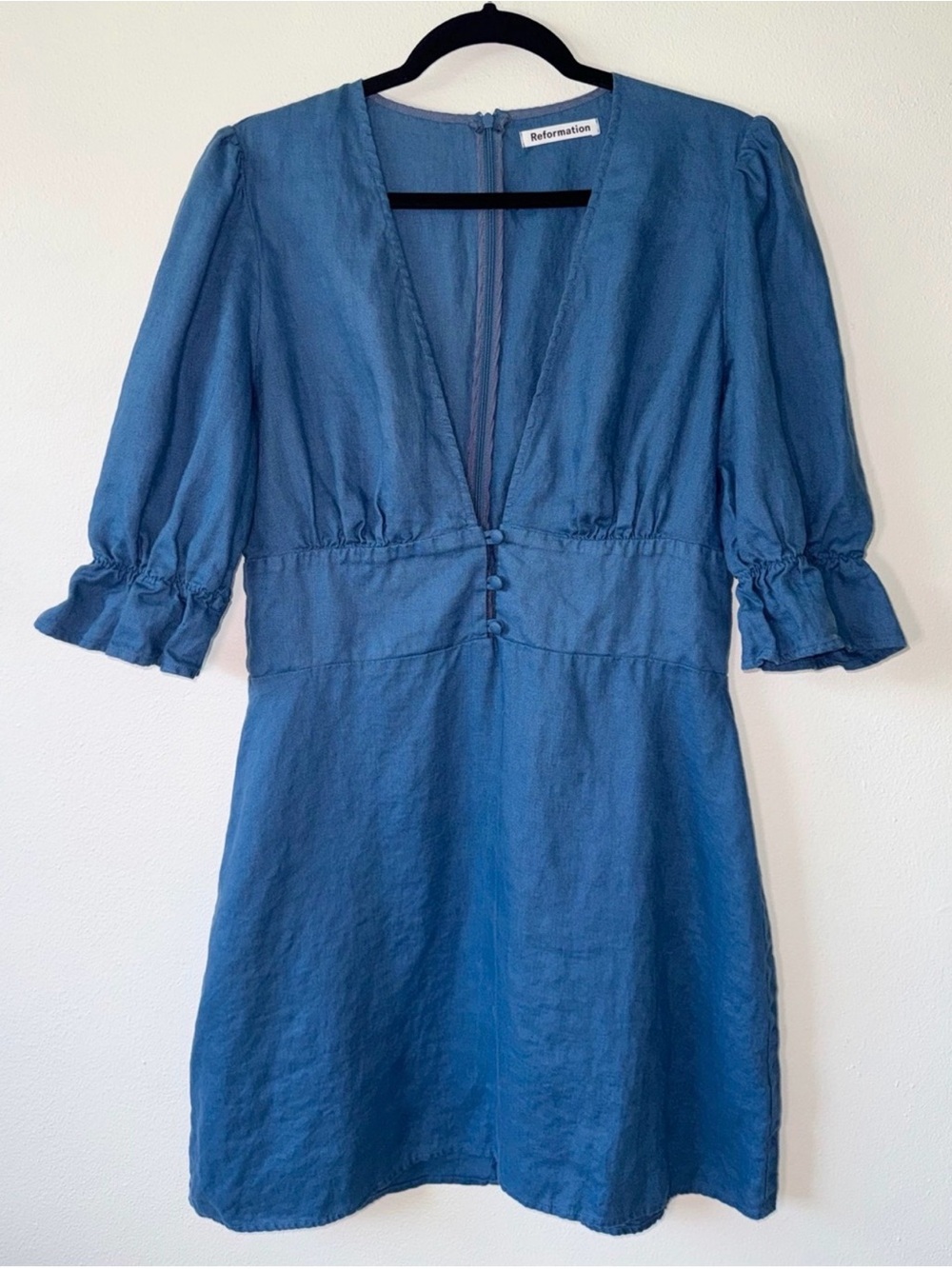 Reformation Simi Linen Mini Dress Blue Puff Sleeve V-Neck Size 12 - Picture 2 of 13